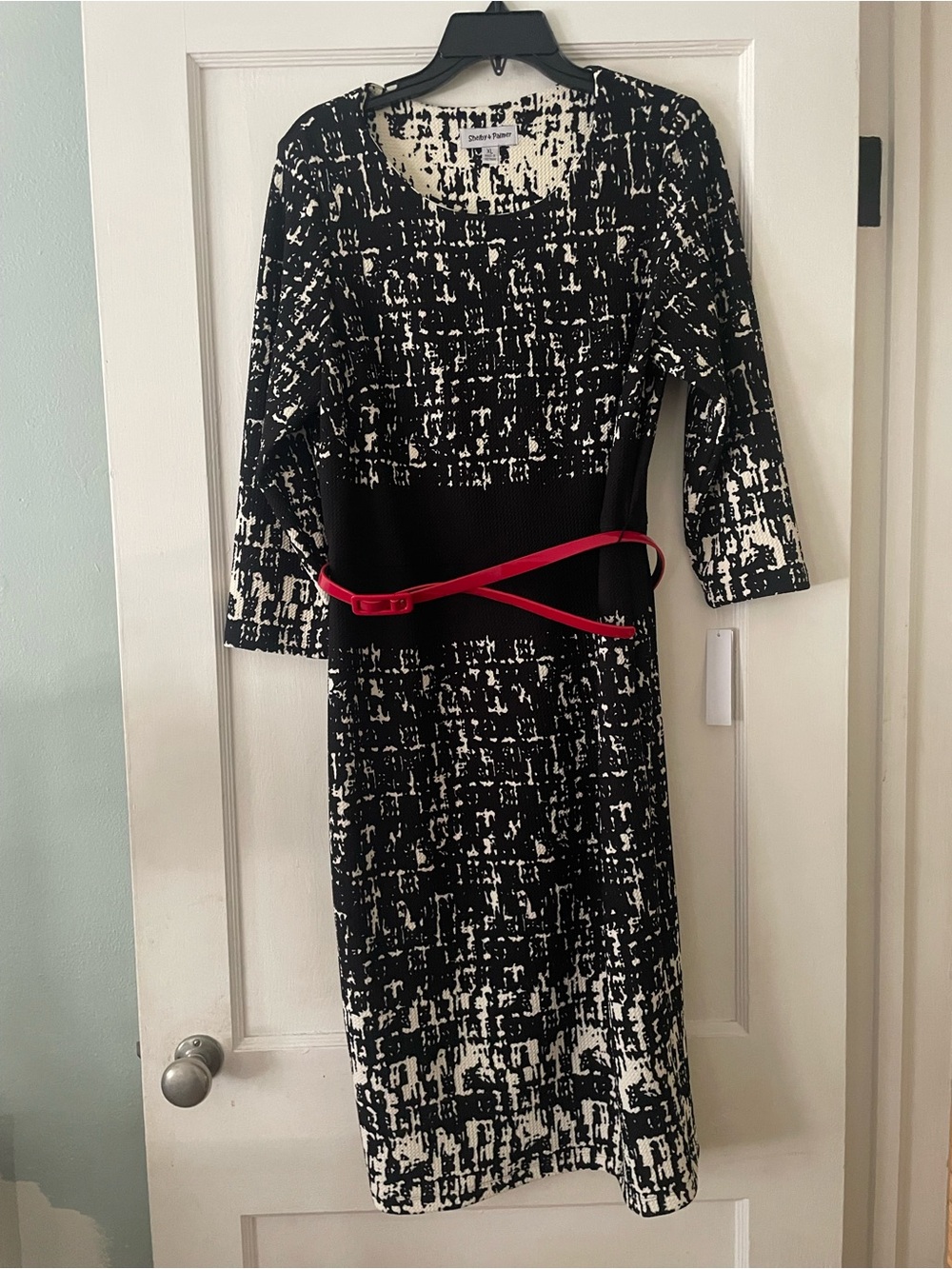 Shelby & Palmer Black and White Patterned Sheath Dress with Red Belt